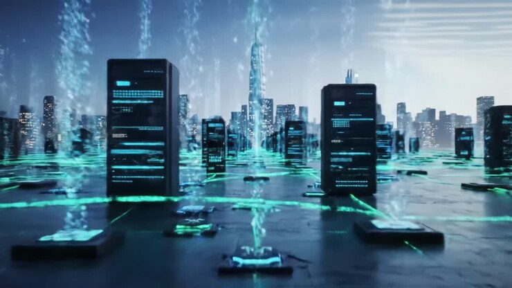 Futuristic Data Center: A Vivid Representation of Networked Servers Illuminated in a Metropolis, Showcasing Digital Connectivity and Technological Advancement
