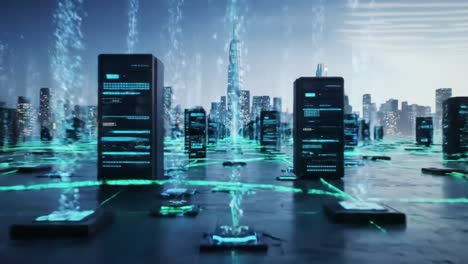 futuristic data center: a vivid representation of networked servers illuminated in a metropolis, showcasing digital connectivity and technological advancement