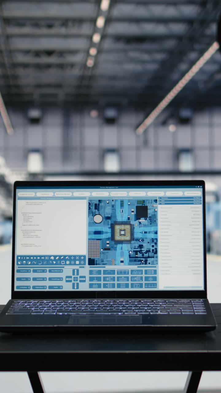Vertical video Monitoring PCB components hardware fabrication, laptop software and engineer