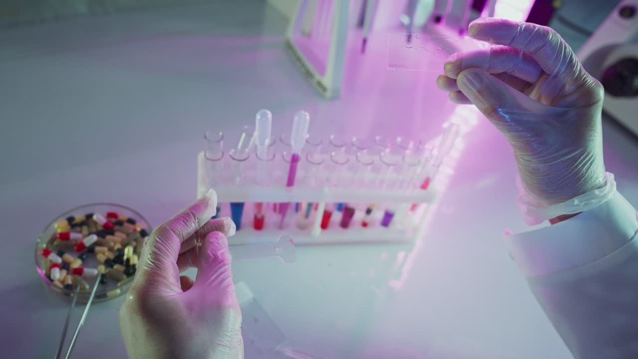 Scientist's Hands in Gloves Handling Microscope Slide in Laboratory