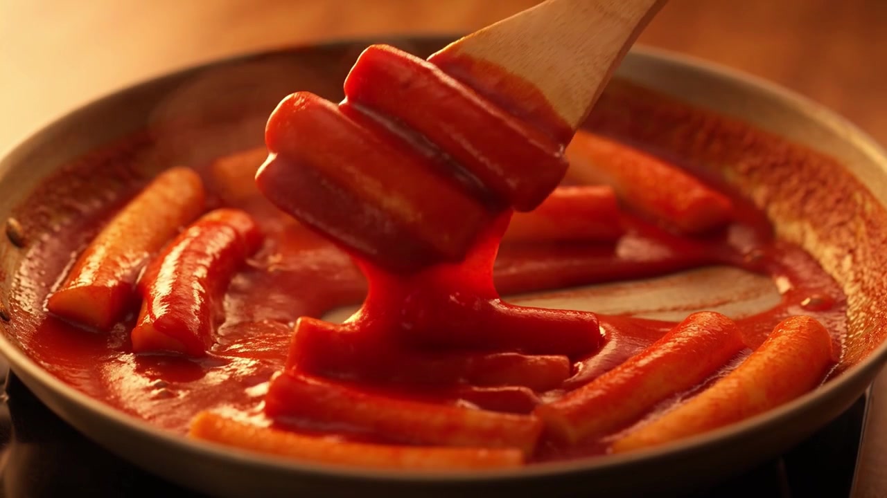 Cottura di Tteokbokki piccante in una padella