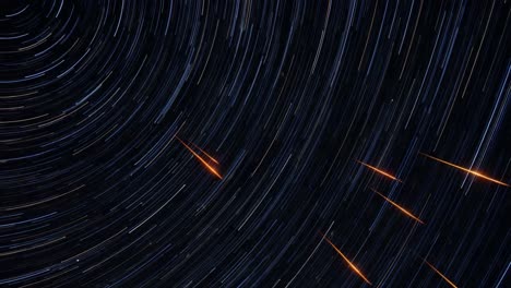 a mesmerizing display of celestial movement captured in long exposure: swirling stars and meteor trails illuminate the night sky in stunning patterns
