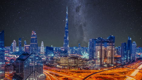 dubai de noche, efecto de reemplazo del cielo, estrellas, horizonte, vista del paisaje urbano, arquitectura moderna, rascacielos