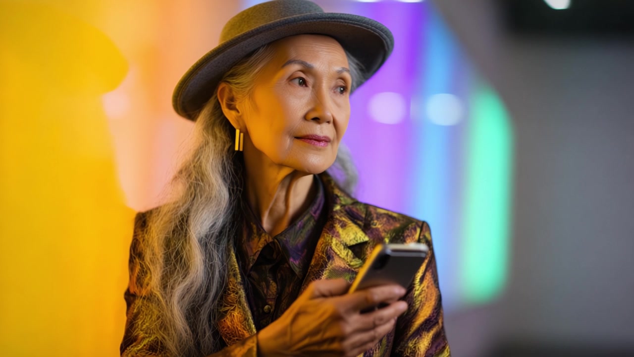 En elegant eldre kvinne i et stilig antrekk og hatt, som holder en smarttelefon, står mot en levende, fargerik bakgrunn full av glødende lys og teksturer.