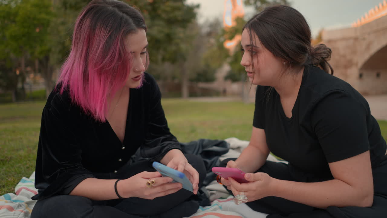 Two Friends Talking and Looking at Smartphones in a Park