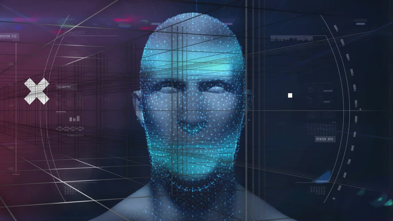 Animation of digital human head with glowing dots and geometric shapes in background