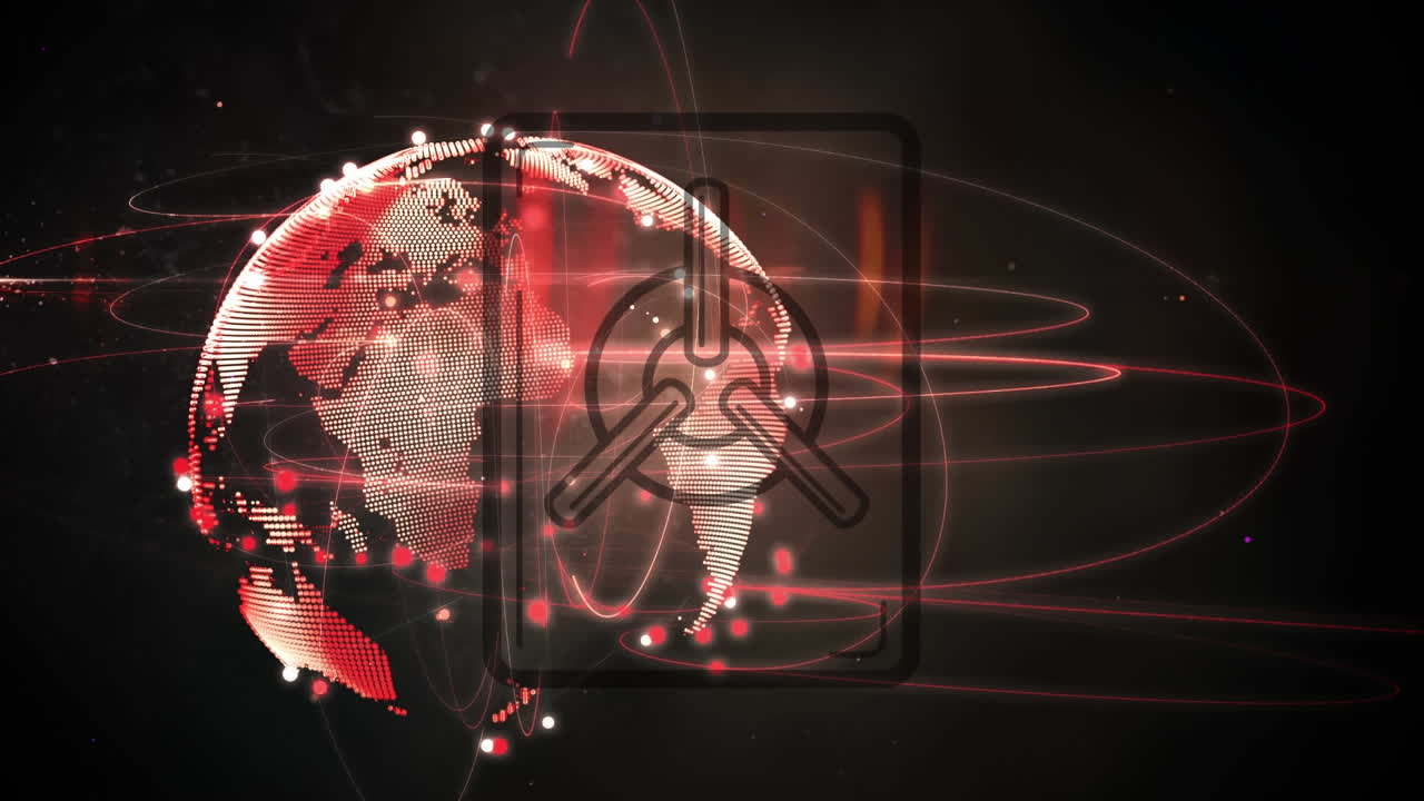 animación digital del icono de la bóveda de seguridad sobre rastros de luz sobre el globo giratorio sobre fondo negro