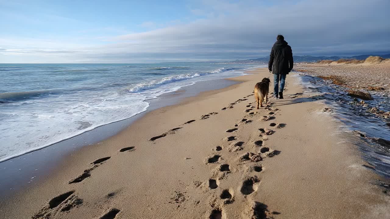 Una serena passeggiata lungo la spiaggia con un cane fedele, catturata in due immagini che mostrano tranquillità e connessione tra l'essere umano e il suo amico canino