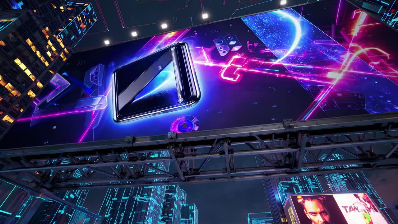 Paesaggio urbano futuristico con grattacieli illuminati al neon, visti dall'alto.