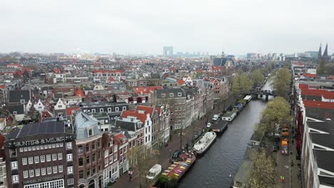 The-drone-is-flying-over-the-old-centre-of-Amsterdam-above-canal-houses-in-The-Netherlands-Aerial-Footage-4K