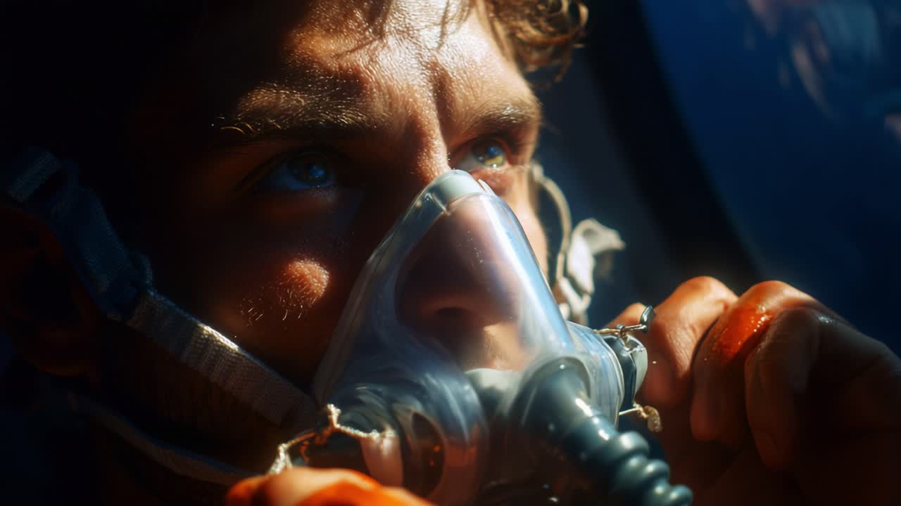 A close-up of an intense gaze in a high-stakes environment, showcasing a person preparing for a critical moment while wearing a breathing apparatus, emphasizing focus and determination