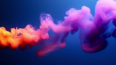 colorful smoke patterns blend in the air. bright orange and purple smoke wisps swirl together against a dark blue background, creating an artistic visual display.