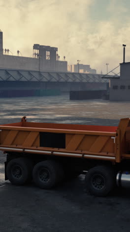 a large dump truck parked in front of an industrial building