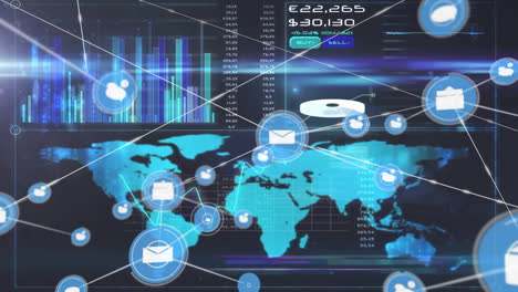 animación de comunicación global y análisis de datos financieros sobre mapas y gráficos del mundo
