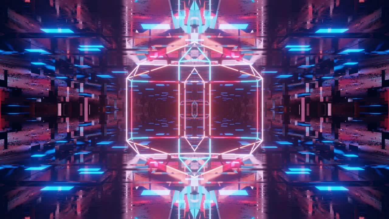 objeto o estructura simétrica en 3d gira y se mueve dentro de un túnel de espejo de vidrio con luz de neón, reflejos brillantes. fantástico fondo abstracto en bucle en 4k. bucle vj para espectáculo. club nocturno bucle vj