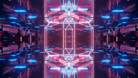 objeto o estructura simétrica en 3d gira y se mueve dentro de un túnel de espejo de vidrio con luz de neón, reflejos brillantes. fantástico fondo abstracto en bucle en 4k. bucle vj para espectáculo. club nocturno bucle vj