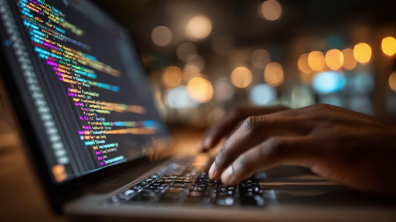 Et nærbillede af hænder, der taster på en bærbar computer, der viser farverig kode på skærmen midt i et sløret, hyggeligt miljø af lys og refleksioner.