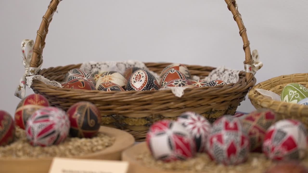 Close-up of red, black and white traditional Easter eggs with intricate folk patterns