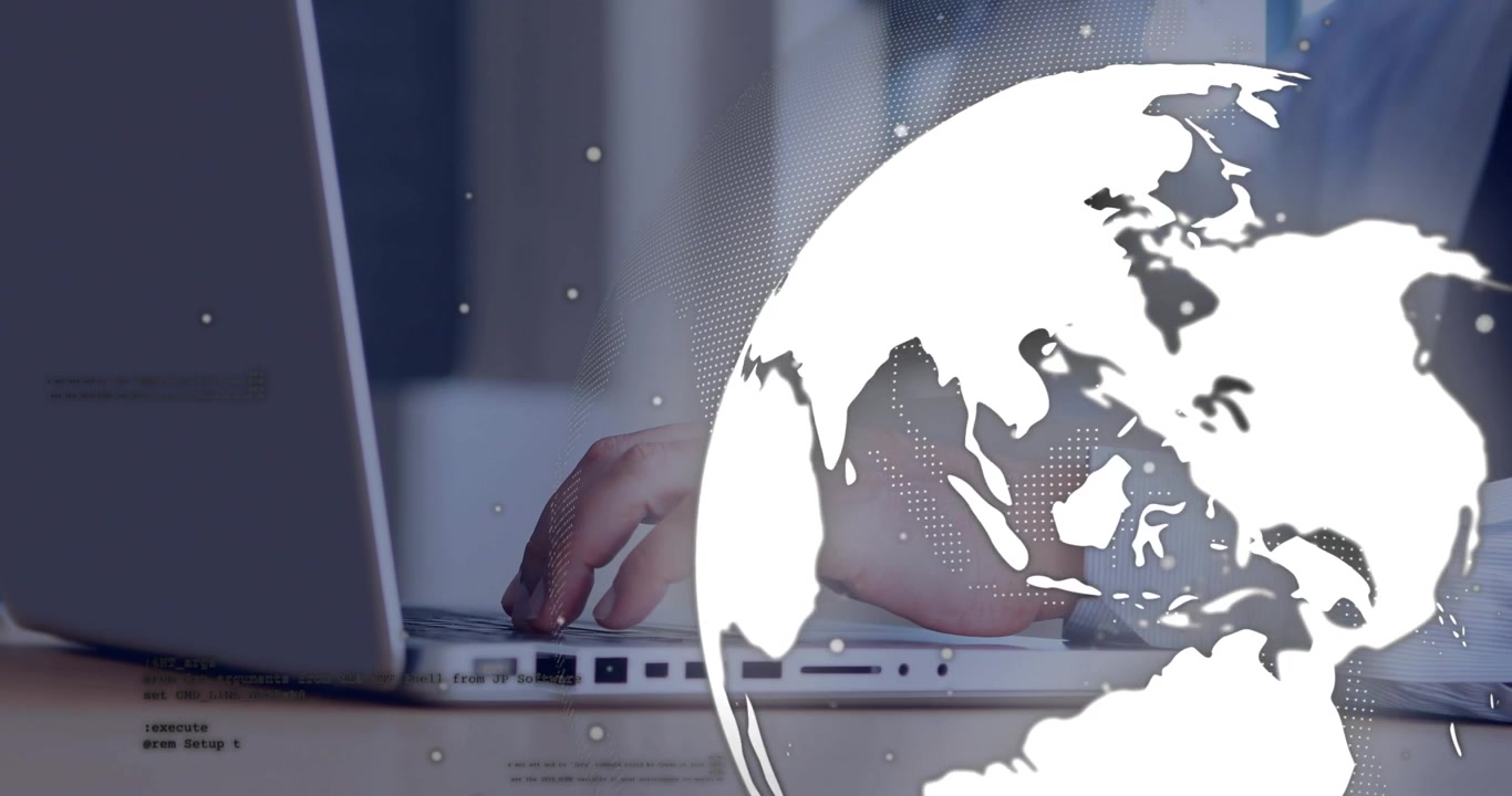 Professionista d'affari che digita sulla tastiera del laptop, avviando un'animazione di un globo che svanisce, sorseggiando caffè