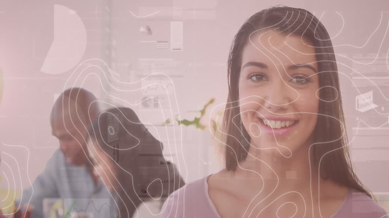 animación de líneas blancas y procesamiento de datos financieros sobre una mujer de negocios que usa una tableta