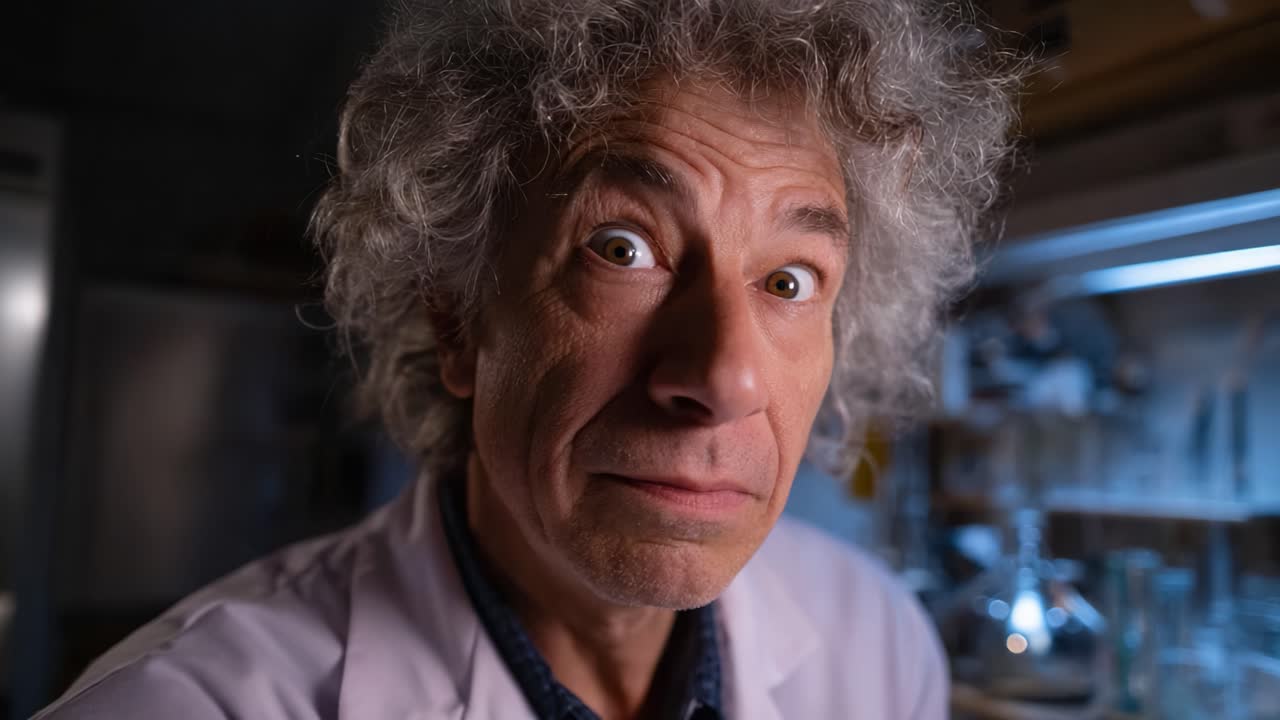 Surprised Scientist in Laboratory: Captivating Frames Highlighting a Researcher's Astonished Expression Amidst Scientific Equipment and Dim Lighting
