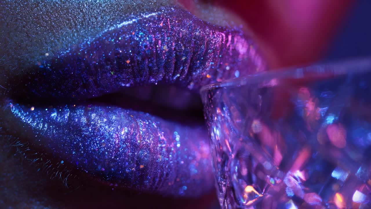 A Close-Up of Shimmering Glitter Lips Against a Vibrant Background, with a Glass Edge Highlighting the Intricate Sparkle of Iridescent Colors in an Artistic Visual Presentation