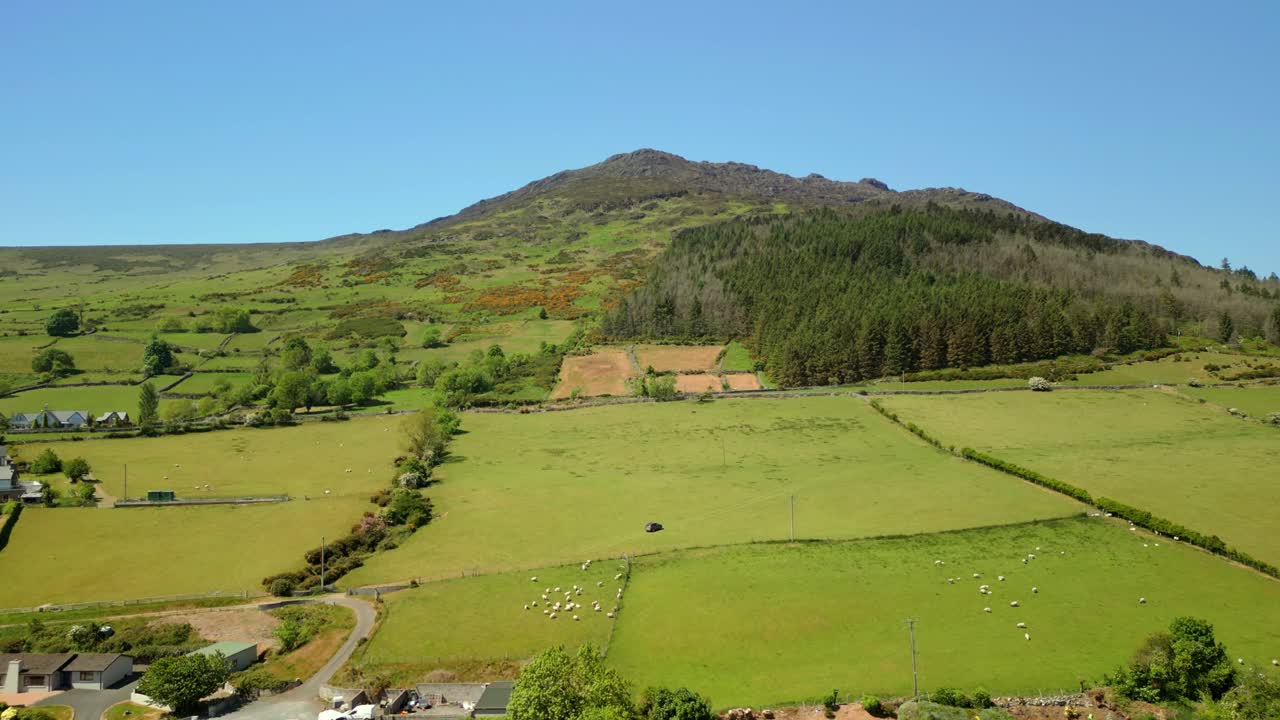 Advancing aerial video of the Cooley Mountains in Carlingford, County Louth, Ireland on a bright and sunny day. Filmed in 4K, 60FPS and with Rec709 color.