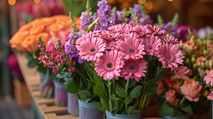 Vibrant Bouquets of Fresh Flowers at a Market