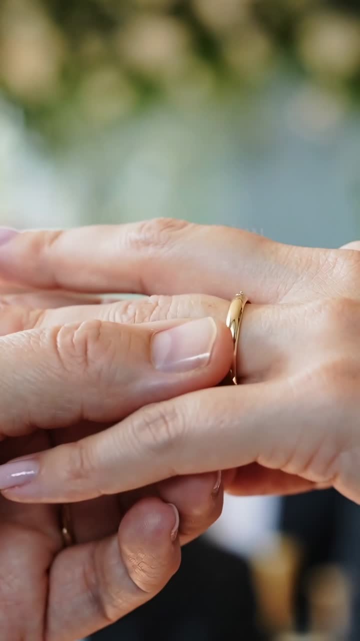 Vertical video: Approaching giver's hand placing gold ring onto left ring finger during wedding
