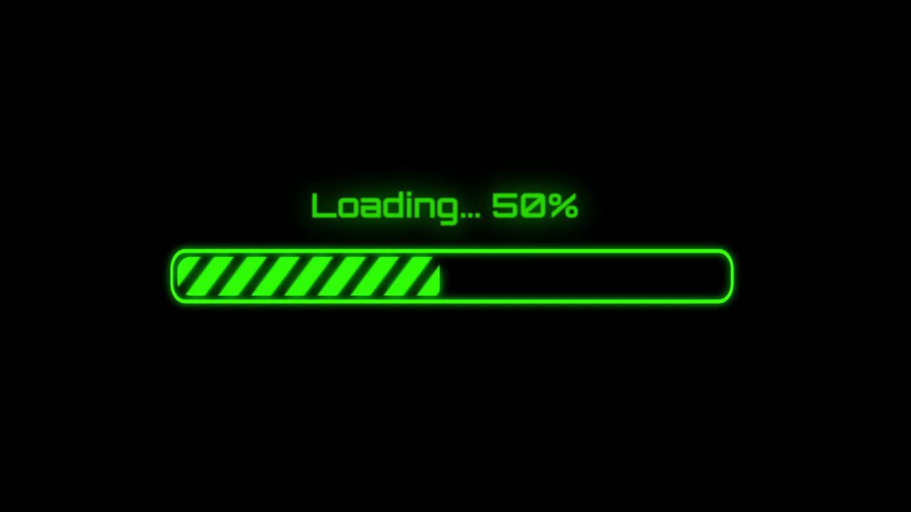 2D motion. Full download bar with loading message flashing while waiting.
