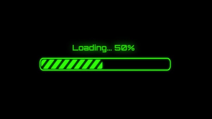 2D motion. Full download bar with loading message flashing while waiting.
