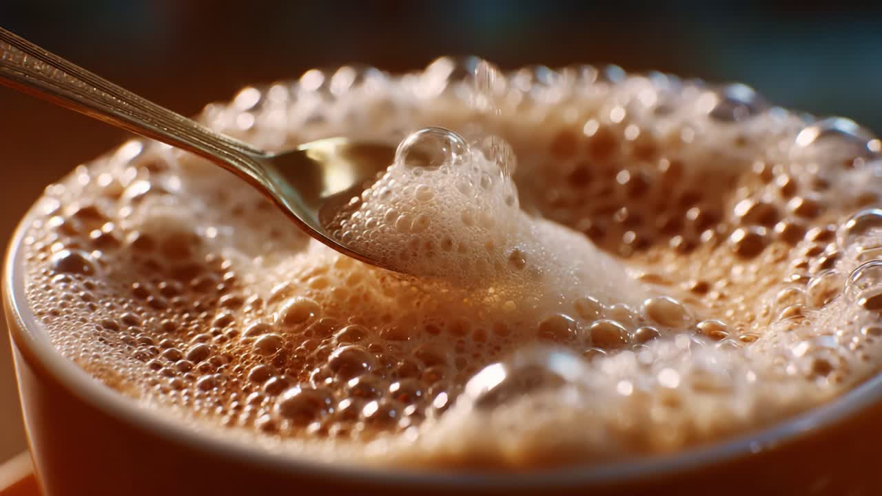 Primo piano di un caffè schiumoso con un cucchiaio che cattura la consistenza ricca e la schiuma cremosa in un'atmosfera calda e invitante, perfetto per gli amanti e gli appassionati di caffè