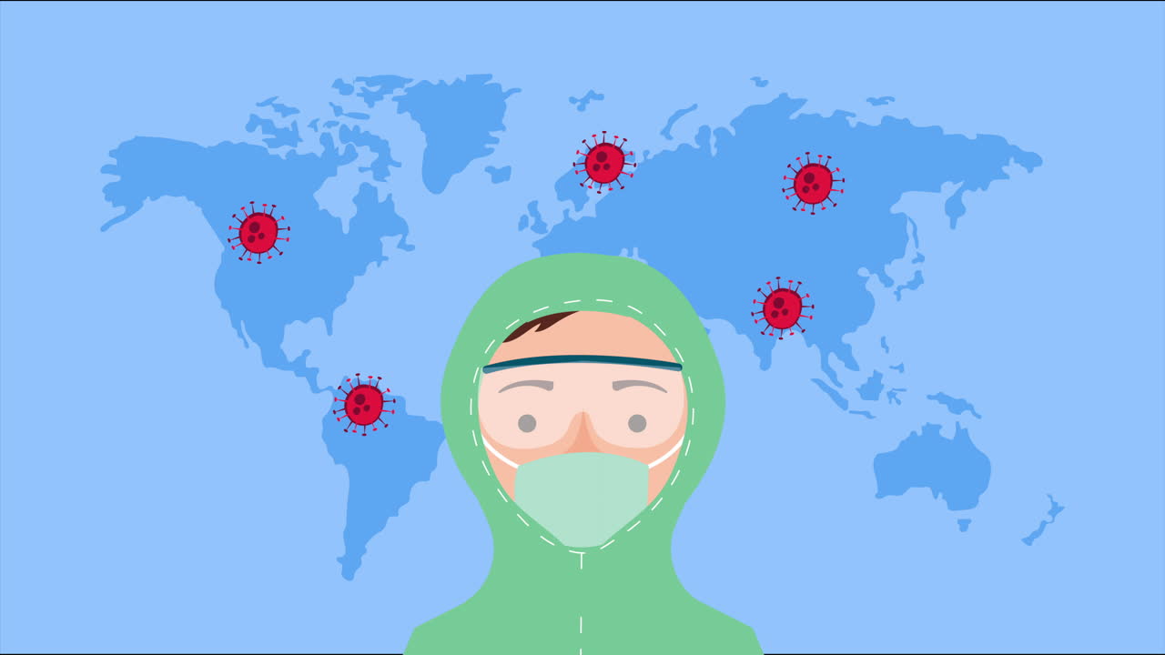 생물 안전복을 입은 의사와 지구 지도에서 코로나19 입자