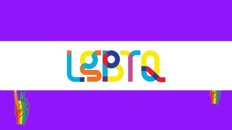 animation of lgbtq over purple background with rainbow hands