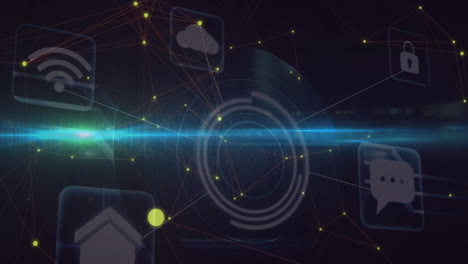 animación de la red de conexiones e íconos digitales sobre un fondo oscuro
