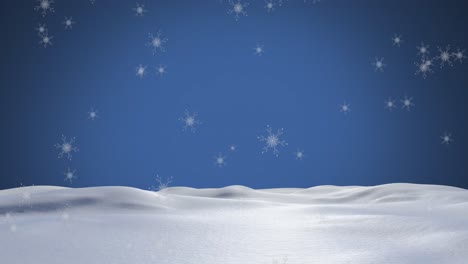 Animation-of-snowflakes-falling-over-snow-and-blue-background