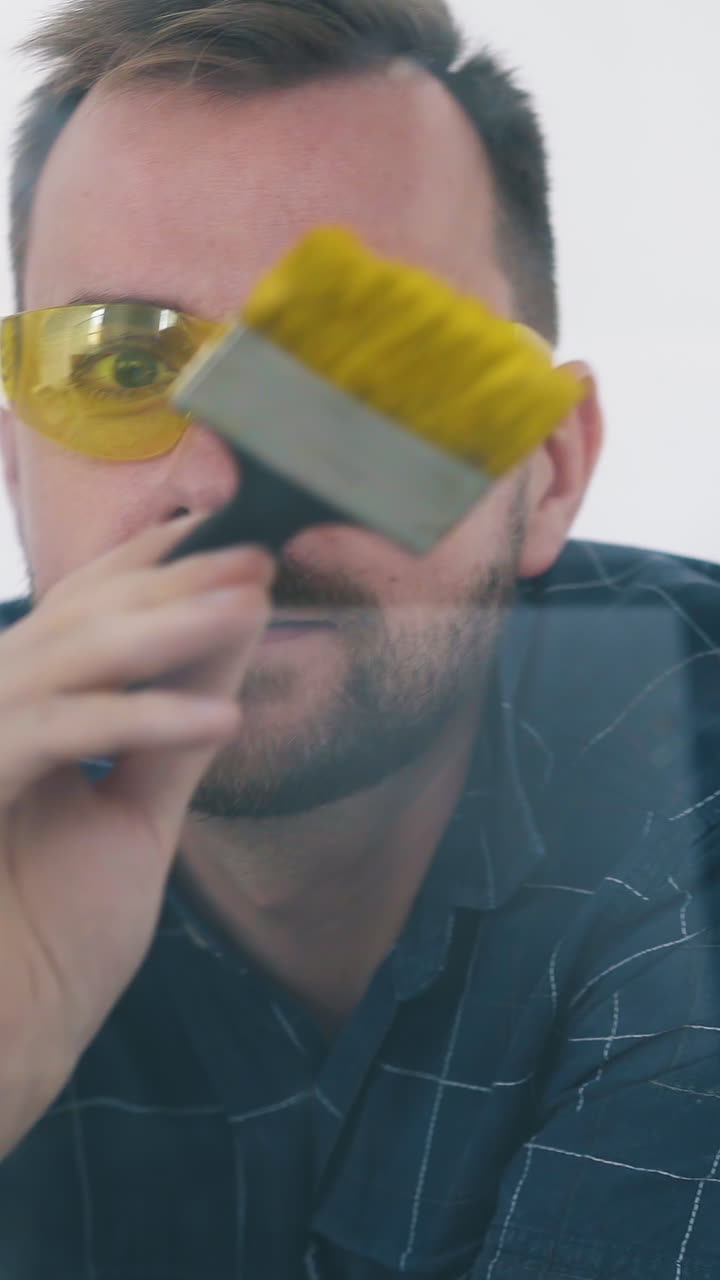 CU, Dolly cam: happy young man and woman in goggles paint glass wall with bright colors using tools at room renewal closeup