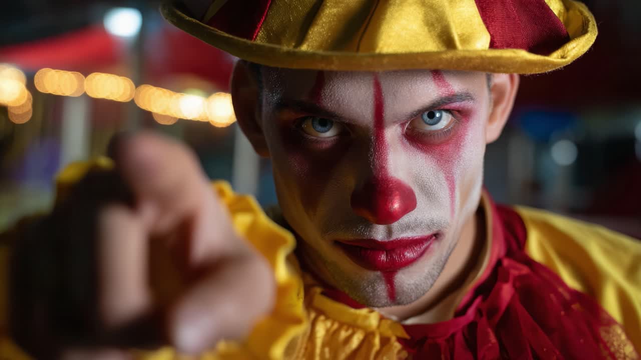 A tense and captivating moment as a sinister clown with striking features stares directly into the camera, evoking an eerie and unsettling atmosphere in the night