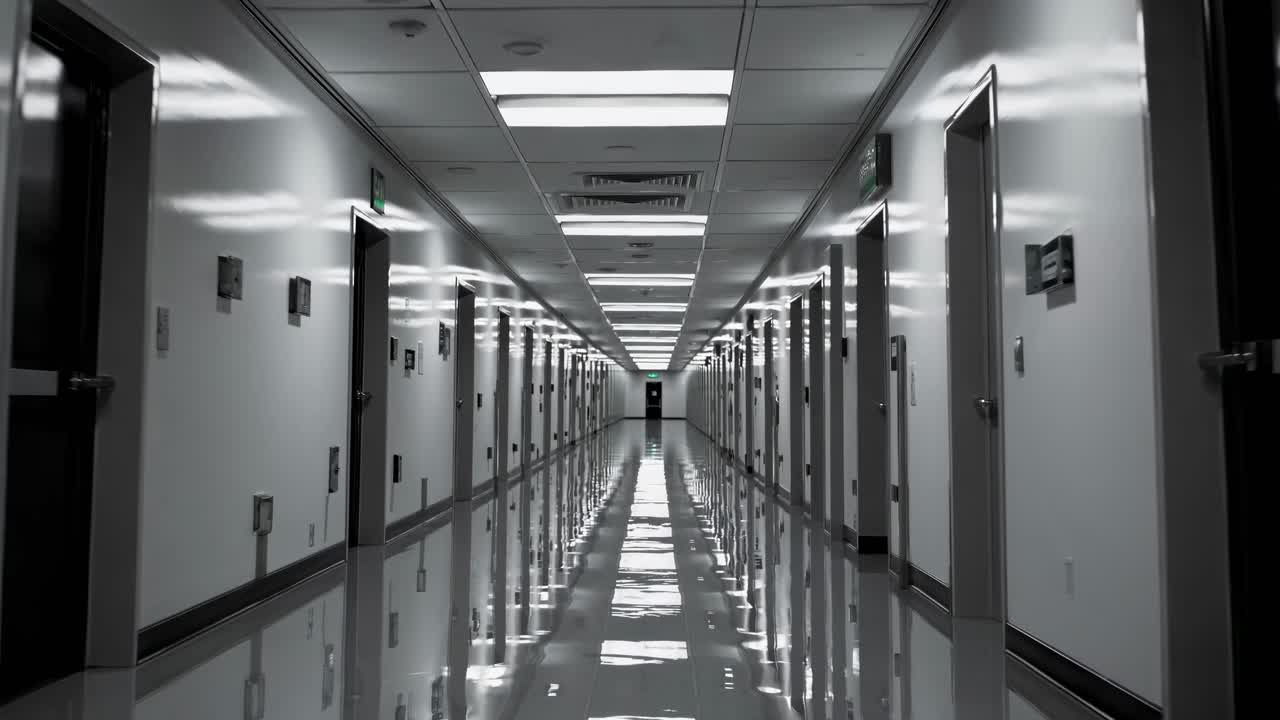 A video captures a long, reflective corridor with a low-angle view, emphasizing symmetry and depth