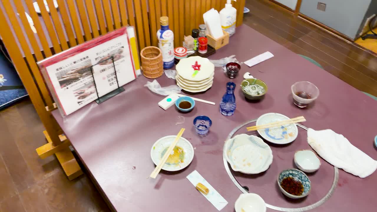 Eine Kamera schwenkt aus der Vogelperspektive über einen unordentlichen Esstisch mit leeren Tellern in Kyoto.