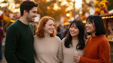 friends enjoying an autumn outdoor market