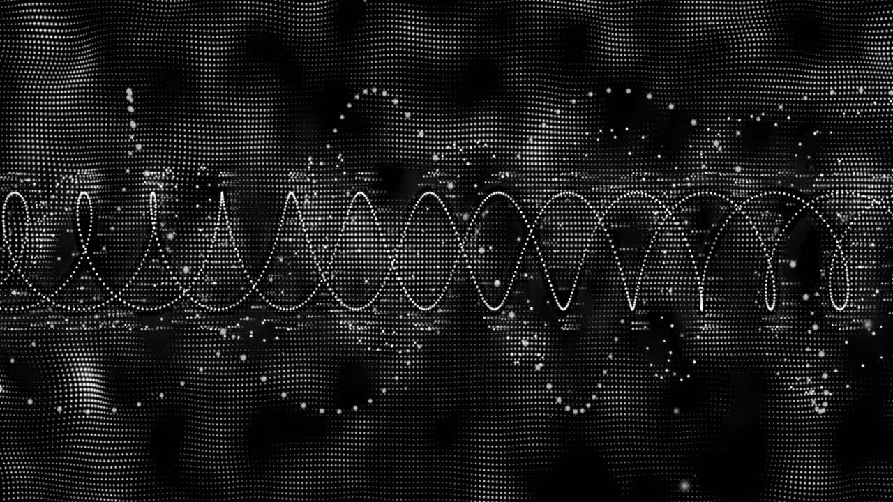 Bright dotted sinusoid appearing, waveform growing while dots arcing and showing wave motion