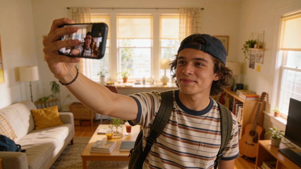 Adolescente che alza il telefono, posa e aggiusta il sorriso a casa, in procinto di uscire con zaino e cappellino girato all'indietro.