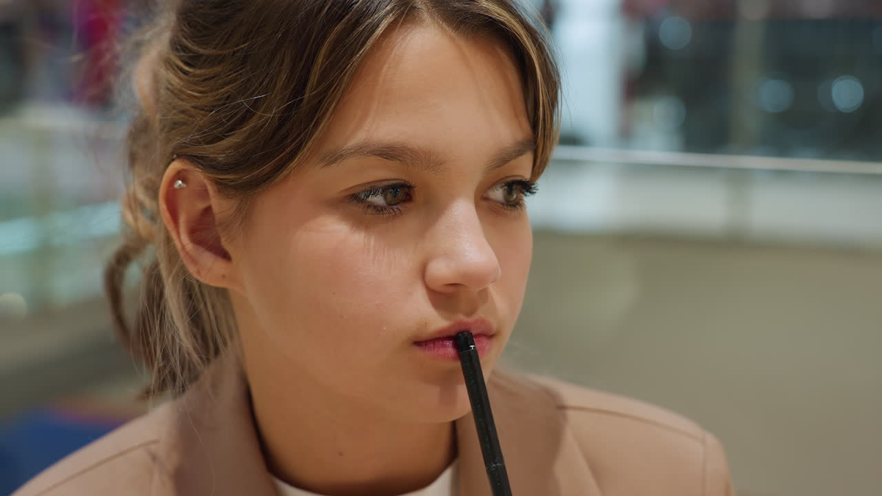 Hombre reflexivo con un bolígrafo en la boca, individuo pensativo examinando opciones bajo la suave iluminación de un centro comercial, hombre caucásico absorto en la toma de decisiones mientras sostiene un bolígrafo en la boca.