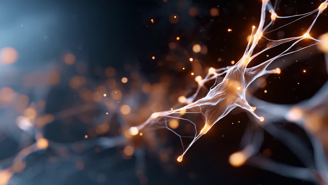 Intricate Neuronal Structures Illuminated by Glowing Orbs in an Abstract Representation of Synaptic Connections and Neural Activity in a Dark Environment