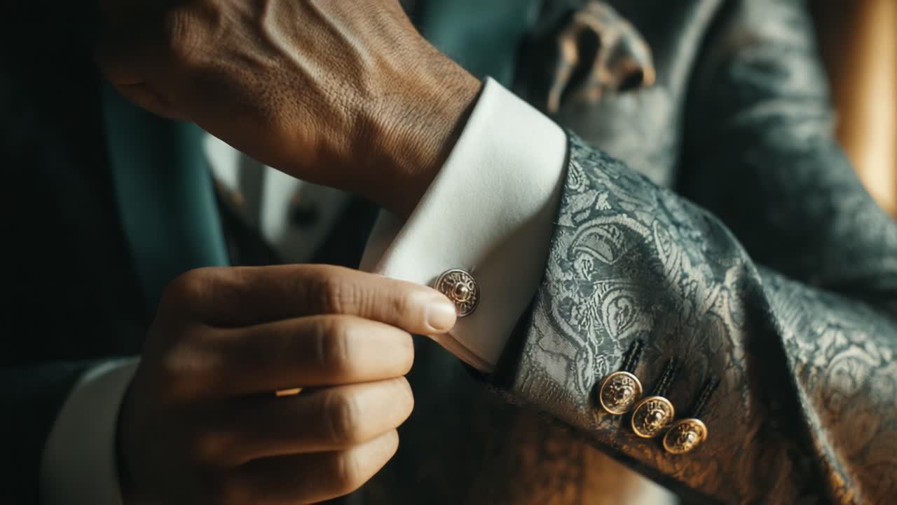 A Close-Up of a Stylish Cufflink Adjustment on a Luxurious Suit, Highlighting Elegance and Attention to Detail in Men's Fashion