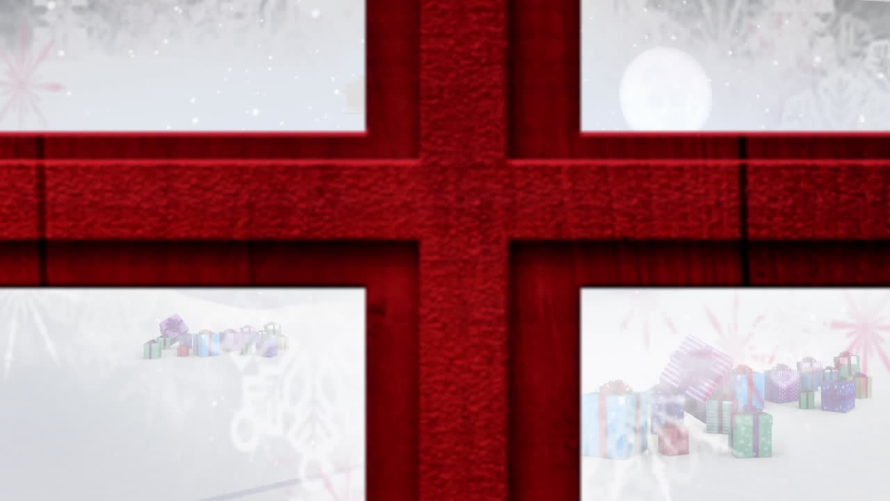 크리스마스 선물에 눈이 내리는 창문의 애니메이션과 겨울 풍경의 북극