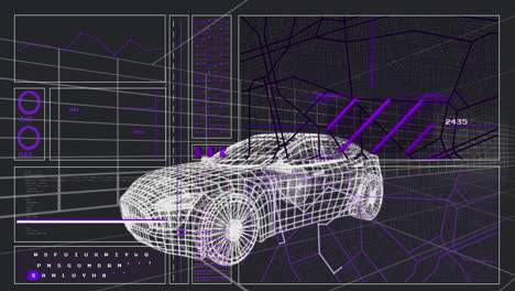 animación de patrones abstractos y números cambiantes sobre un modelo 3d de coche sobre un fondo negro.