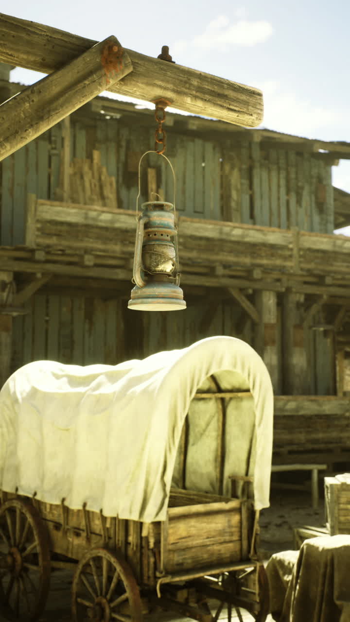 Old western trading post with wooden structures and wagon during sunny day