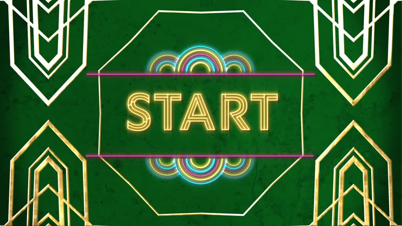 Animation of golden frame design in seamless pattern over start text banner against blue background